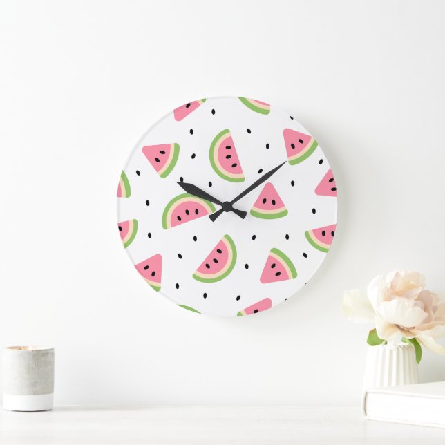 Pink Watermelons, Watermelon Seeds, Summer Pattern Large Clock (Home)