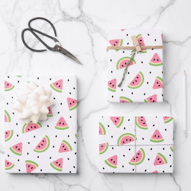 Pink Watermelons, Watermelon Seeds, Summer Pattern Wrapping Paper Sheet (Front)