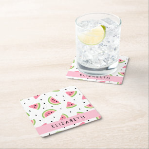 Pink Watermelons, Watermelon Seeds, Your Name Square Paper Coaster