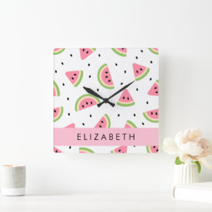 Pink Watermelons, Watermelon Seeds, Your Name Square Wall Clock
