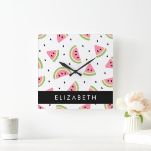 Pink Watermelons, Watermelon Seeds, Your Name Square Wall Clock