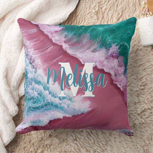 Pink wave beach Monogram Cushion (Blanket)