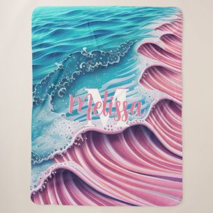 Pink Wave crashing on the shore Monogram Sherpa Blanket