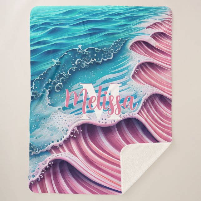 Pink Wave crashing on the shore Monogram Sherpa Blanket (Front)