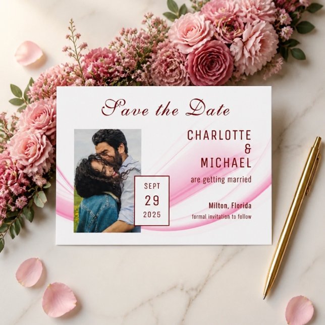 Pink Wave & Floral Save the Date Flat Card (Creator Uploaded)