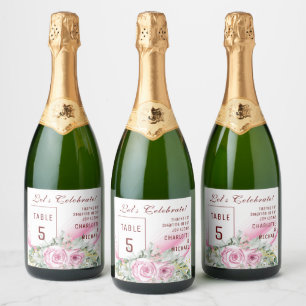 Pink Wave & Floral Table Number Sparkling Wine Lab Sparkling Wine Label
