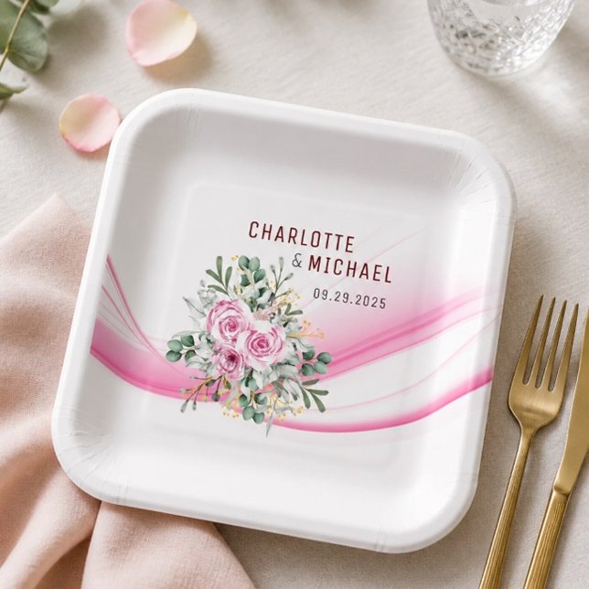 Pink Wave & Floral Wedding 9" Paper Plates (Creator Uploaded)