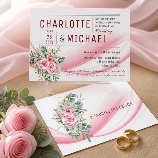 Pink Wave & Floral Wedding Invitation (Creator Uploaded)