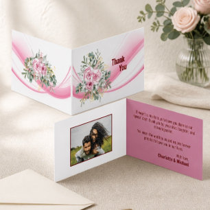 Pink Wave & Floral Wedding Thank You Card