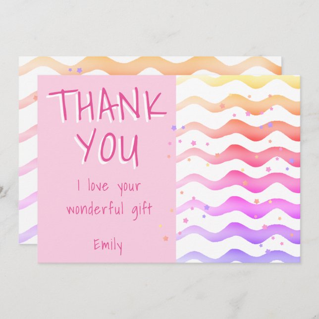 Pink Wave Girl Birthday  Thank You Card (Front/Back)