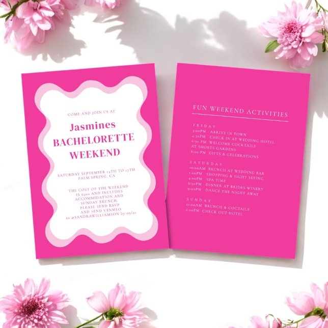 Pink wave modern fun bachelorette Invitation (pink wave bachelorette invitation with weekend activites all editable to suite your needs )
