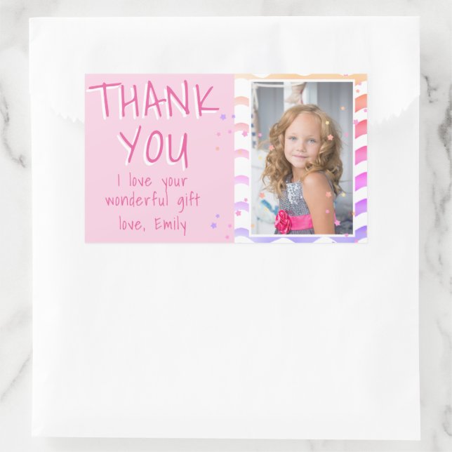 Pink Waves Girl Photo Birthday Thank you Rectangular Sticker (Bag)