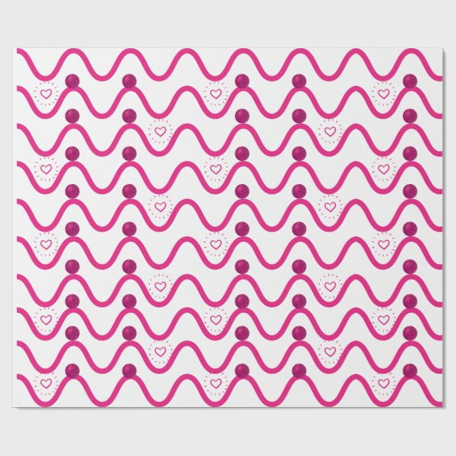 Pink Waves & Hearts Pattern Wrapping Paper (Flat)