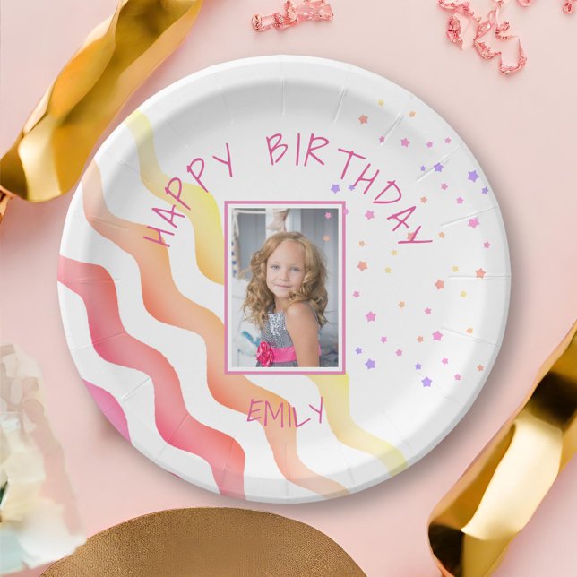 Pink Waves Stars Girl Birthday Party Photo Paper Plate (Creator Uploaded)
