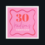 Pink Wavy 30th Birthday Party  Napkin<br><div class="desc">Celebrate the big "dirty thirty" milestone in style with our personalised 30th birthday party napkins. These custom beverage napkins are the perfect addition to your birthday party decor, adding a personal touch to the festivities. Our 30 cocktail napkins are not only stylish but also practical, ensuring easy cleanup throughout the...</div>