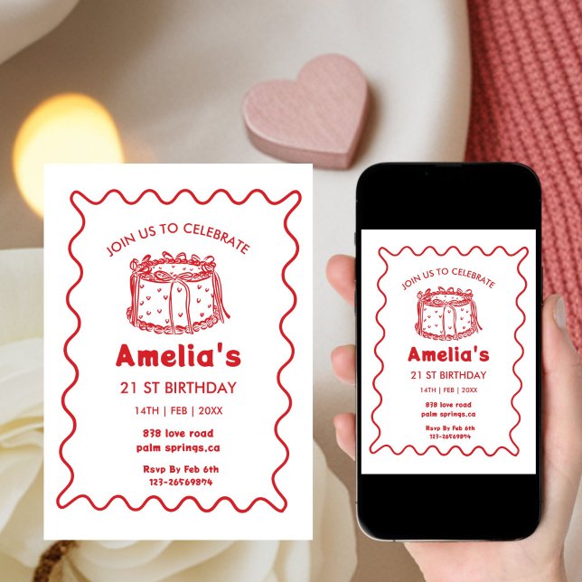 Pink Wavy Birthday hand drawn cake Invitation (Creator Uploaded)