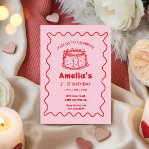 Pink Wavy Birthday hand drawn cake Invitation