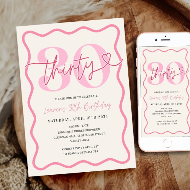 Pink Wavy Border 30th Birthday Invitation Women (Creator Uploaded)