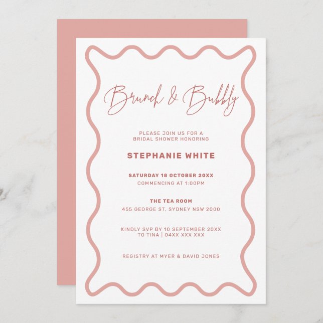 Pink Wavy Border Brunch and Bubbly Invitation (Front/Back)