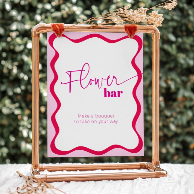 Pink Wavy Border Flower Bar Make a Bouquet Favours Pedestal Sign (Hot pink wavy border flower bar sign - make a bouquet to take on your way)