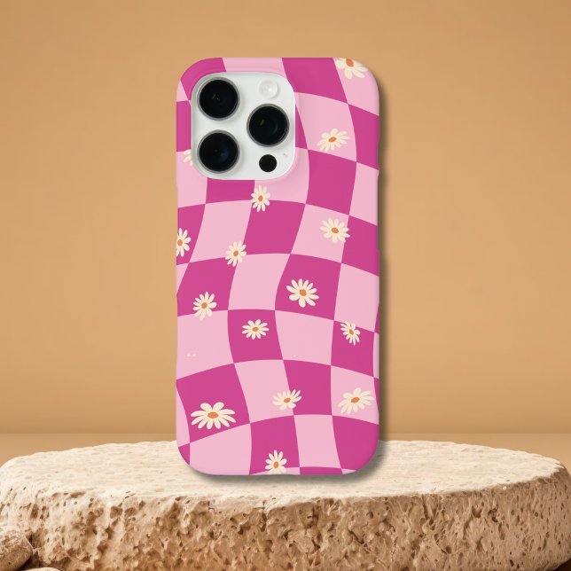 Pink Wavy Chequerboard Daisy iPhone 15 16 cases (Creator Uploaded)