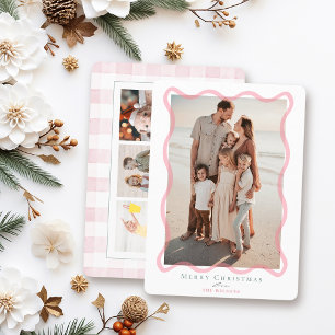 Pink Wavy Frame 4 Photos Christmas Holiday Card