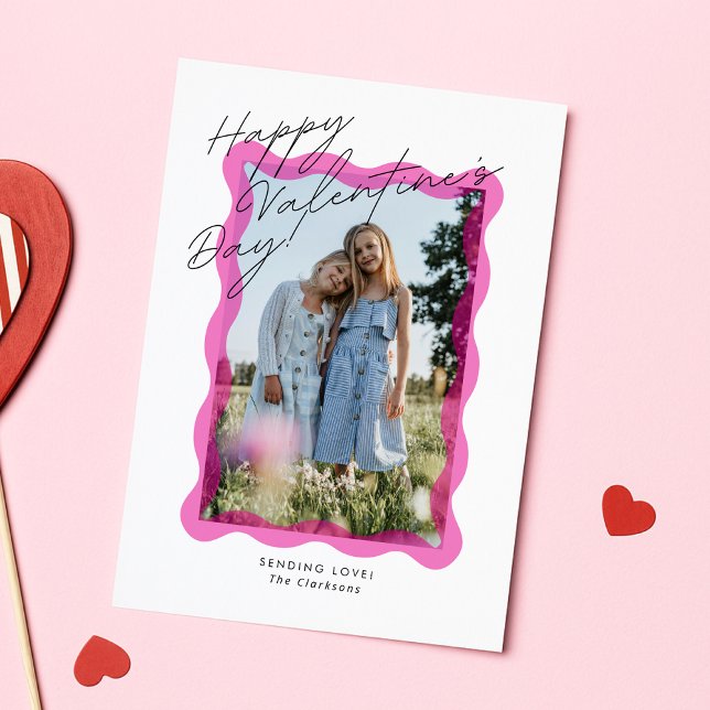 Pink Wavy Frame Valentine’s Day Photo Card (Creator Uploaded)