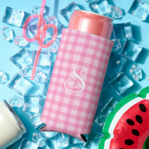 Pink Wavy Gingham Girly Curly Calligraphy Monogram Seltzer Can Cooler