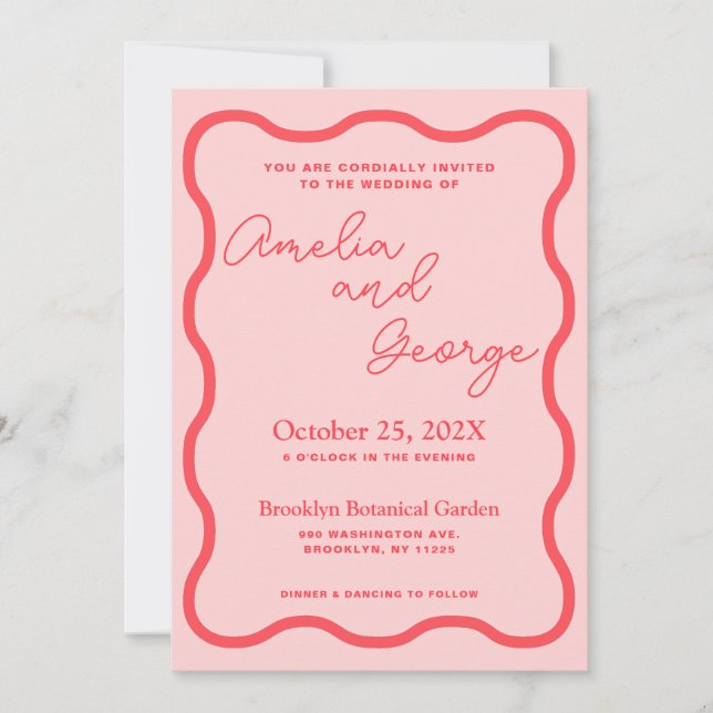 Pink Wavy Retro Photo Wedding Invitation (Front)