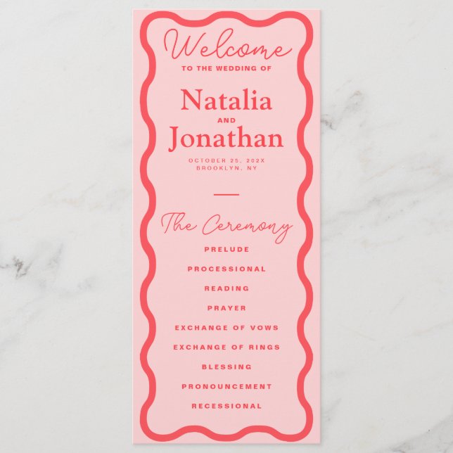 Pink Wavy Retro Wedding Program (Front)