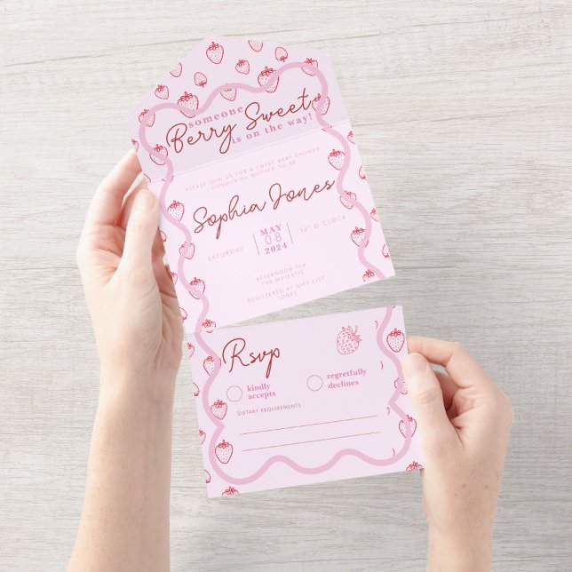 Pink Wavy Strawberry Berry Sweet Girl Baby Shower All In One Invitation (zazzle berry sweet theme baby shower invitations)