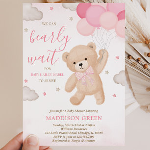 Pink We Can Bearly Wait Baby Shower Invitation