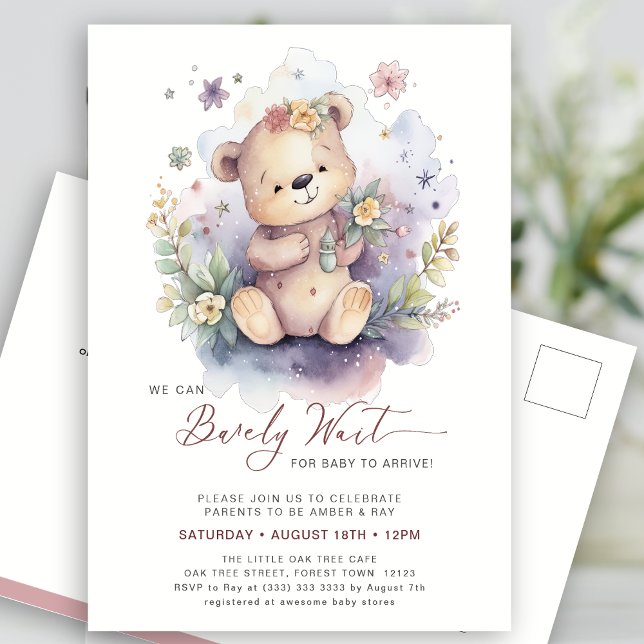 Pink We Can Bearly Wait Cute Girl Baby Shower Invitation Postcard (Creator Uploaded)