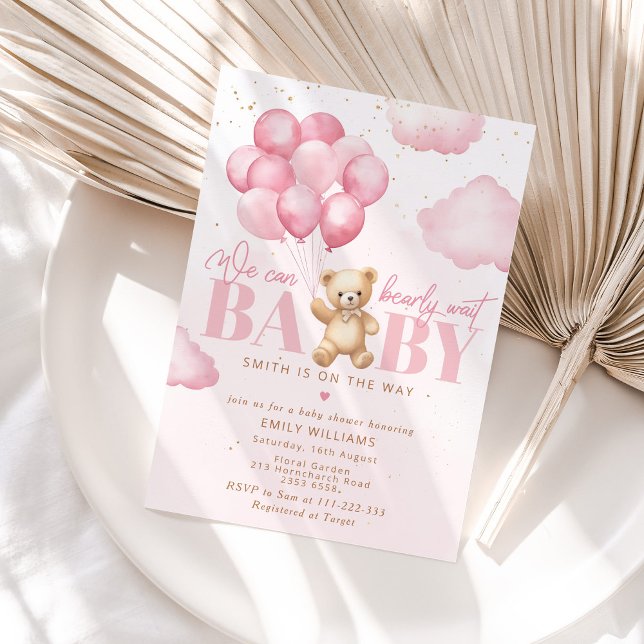 Pink we can bearly wait teddy bear girl shower invitation (Creator Uploaded)