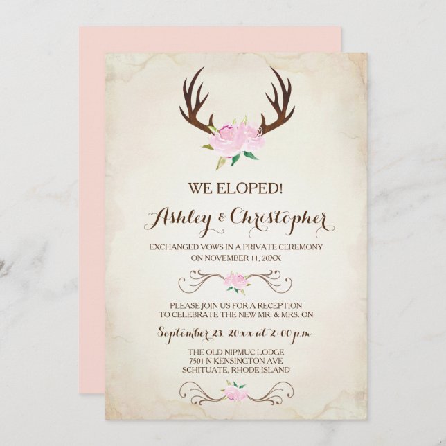 Pink We Got Married Invitation Rustic Deer Antlers (Front/Back)