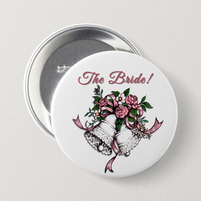 Pink Wedding Bells The Bride 7.5 Cm Round Badge (Front & Back)