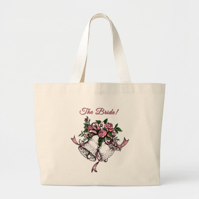 Pink Wedding Bells The Bride Large Tote Bag (Front)