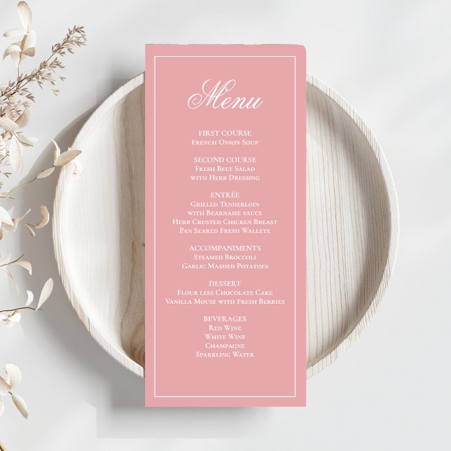 Pink Wedding Calligraphy Script Dinner Menu (Elegant blush pink wedding menu card template. )
