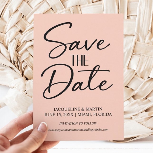 Pink Wedding Cream Hand-lettered Cursive Save The Date (Pink and black wedding Save the Date card)