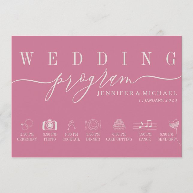 Pink Wedding Custom Icon Timeline ceremony plan Program (Front)