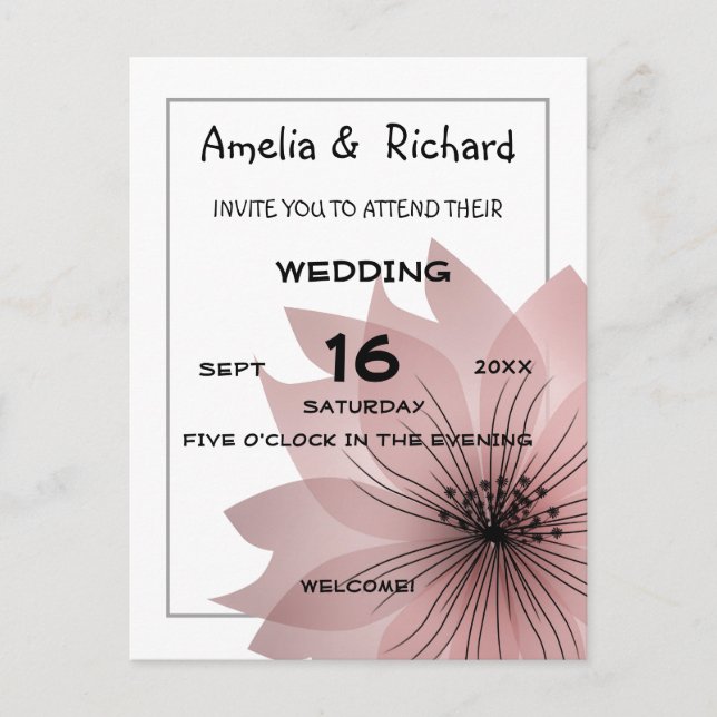 Pink wedding elegant flower floweral pink flower d invitation postcard (Front)
