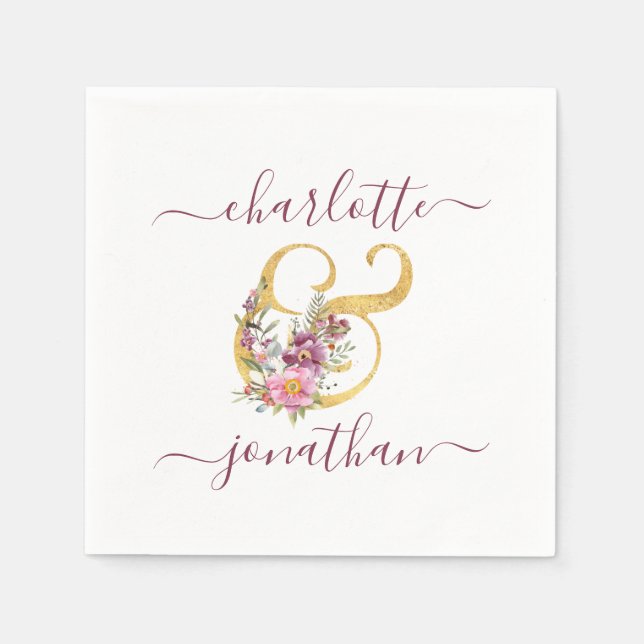 Pink Wedding Floral Gold Ampersand (&) with Names  Napkin (Front)