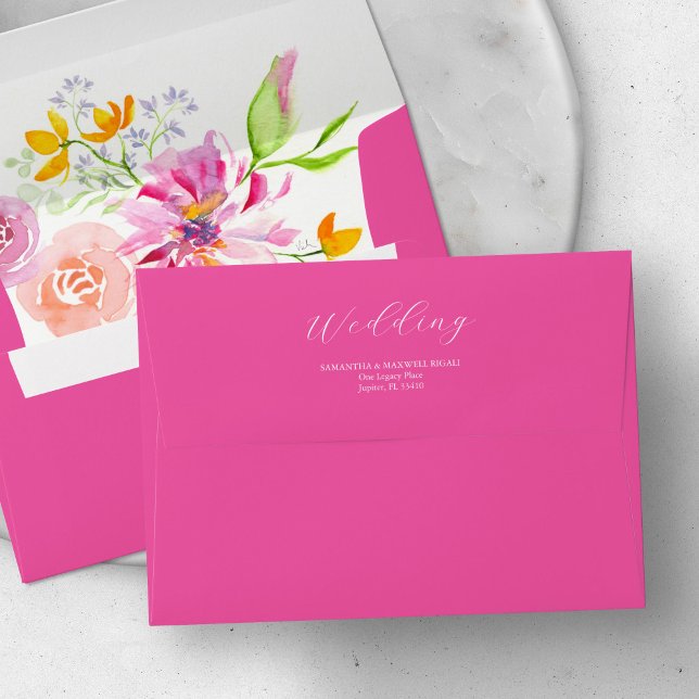 Pink Wedding Invitation Return Address Envelopes (return address envelopes multi color flowers bright pink art by Victoria Grigaliunas Do Tell A Belle)