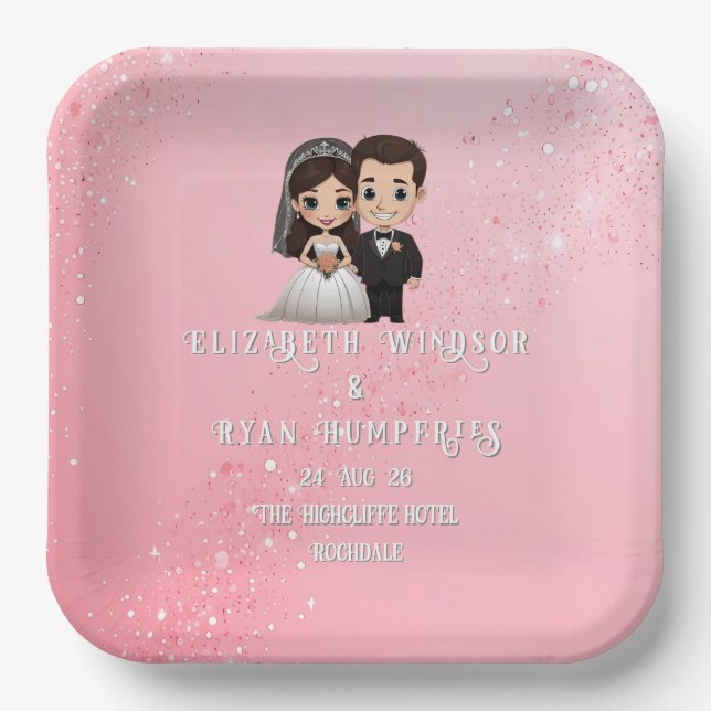 Pink Wedding Invitations with Diamond Sparkles Paper Plate (Front)