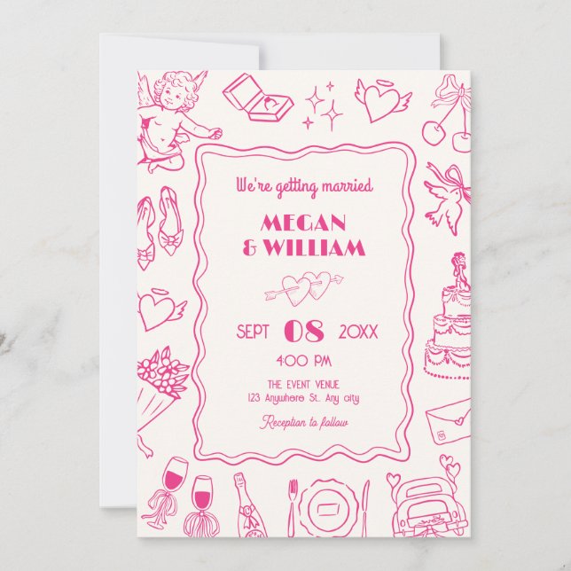 Pink Wedding line art sketch fun  Invitation (Front)
