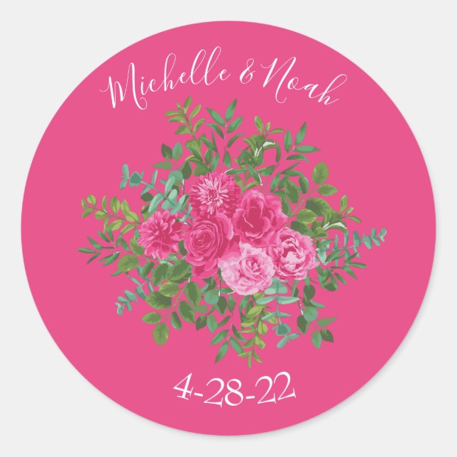 Pink Wedding Modern Floral Classic Round Sticker (Front)