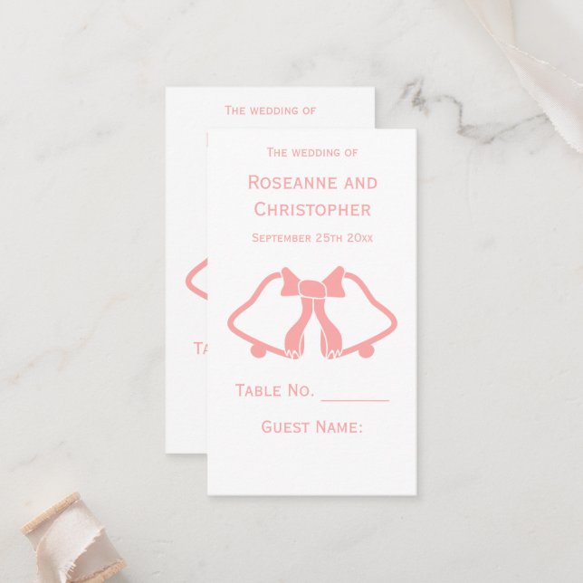 Pink Wedding Place Setting Card Bells Ribbon (Front/Back In Situ)