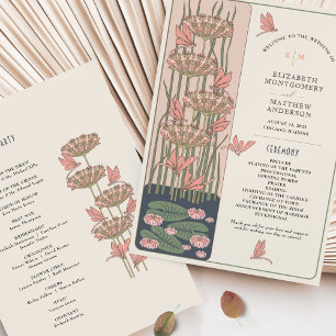 Pink Wedding Program Art Nouveau Dragonflies  