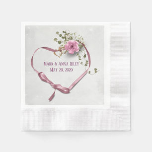 pink wedding ribbon heart with rings and rose napkin