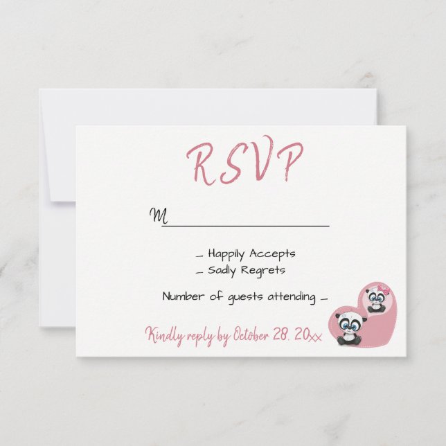 Pink Wedding RSVP Panda Teddy Bear Heart Card (Front)